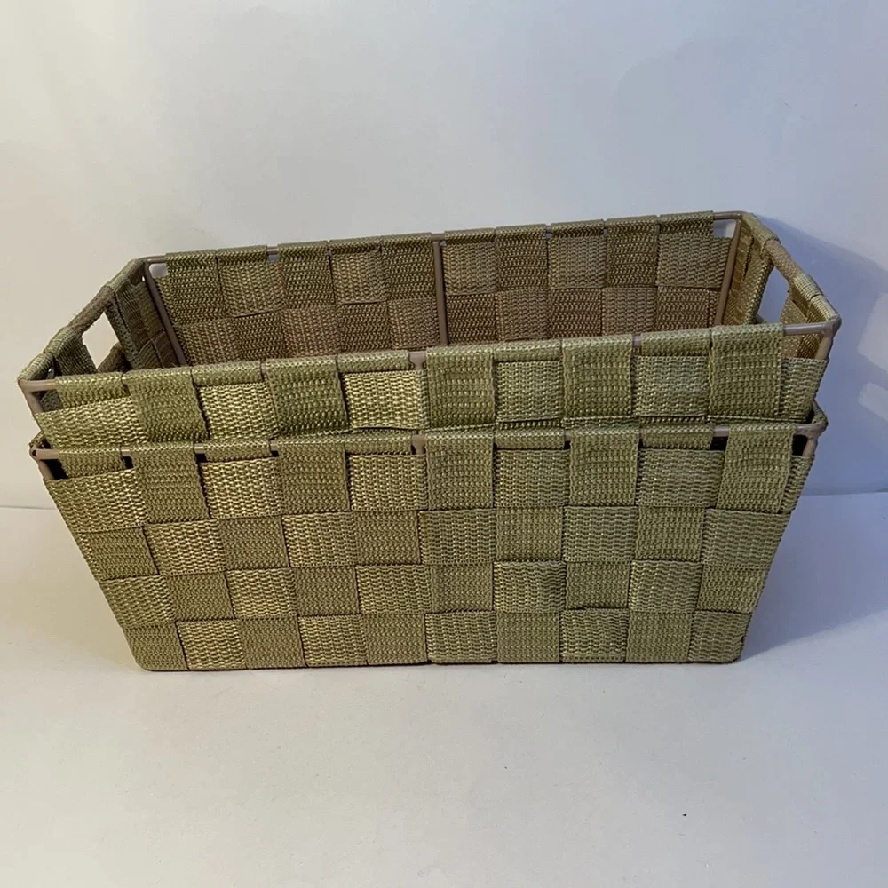 Storage bin set Nesting green canvas strap metal frame basket set